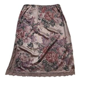 Vintage Slip Skirt Lace Trim Mauve Purple Green Floral Side Slit Made In USA L